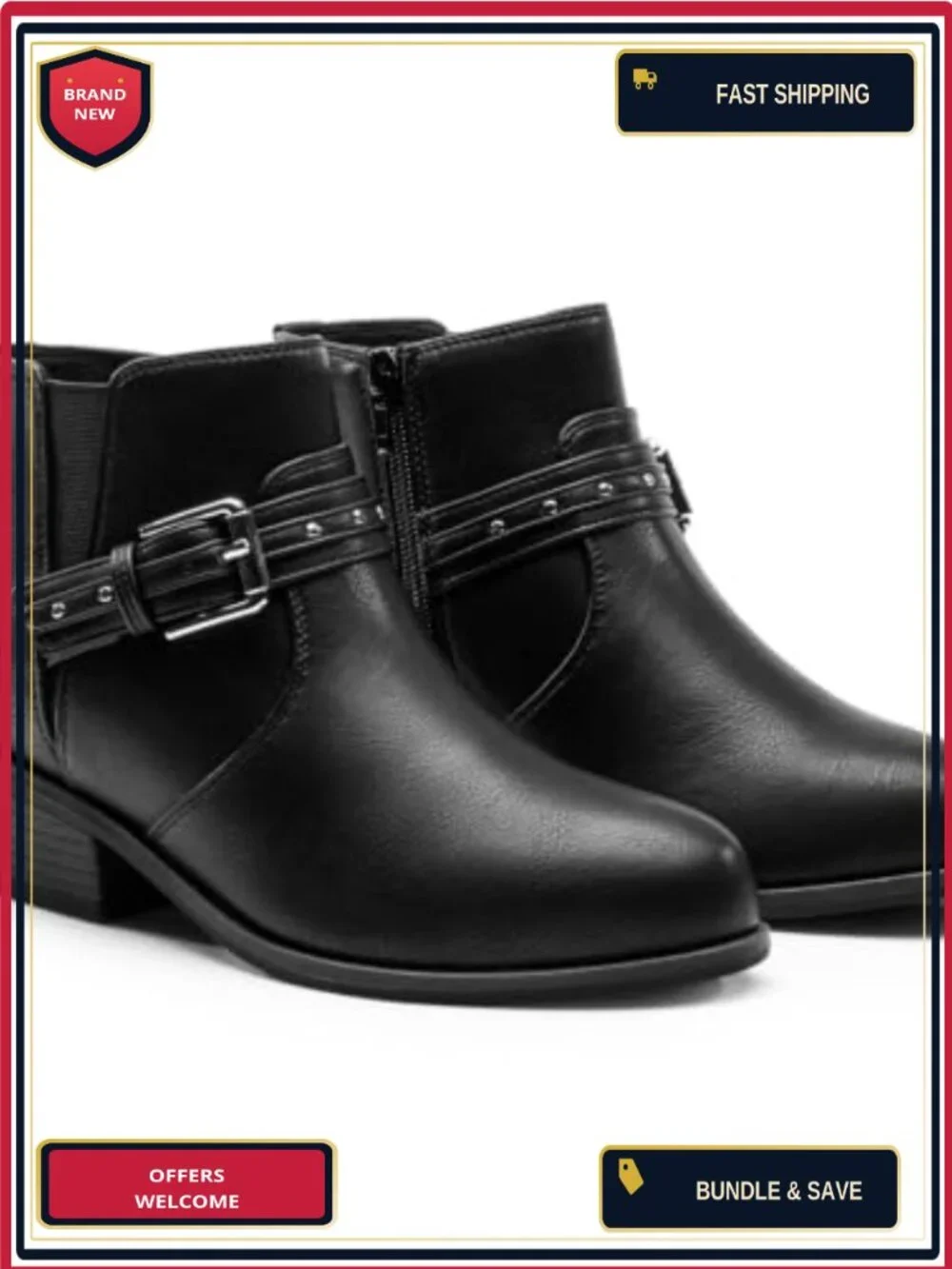 Women's Chunky Low Heel Ankle Boots Side Zipper Faux Leather